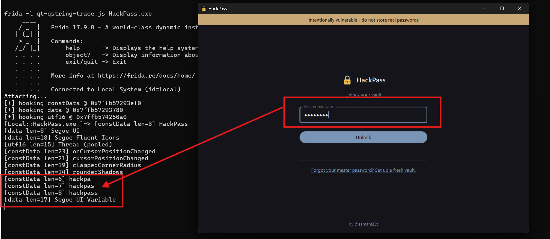Frida console: QString::constData trace during HackPass login