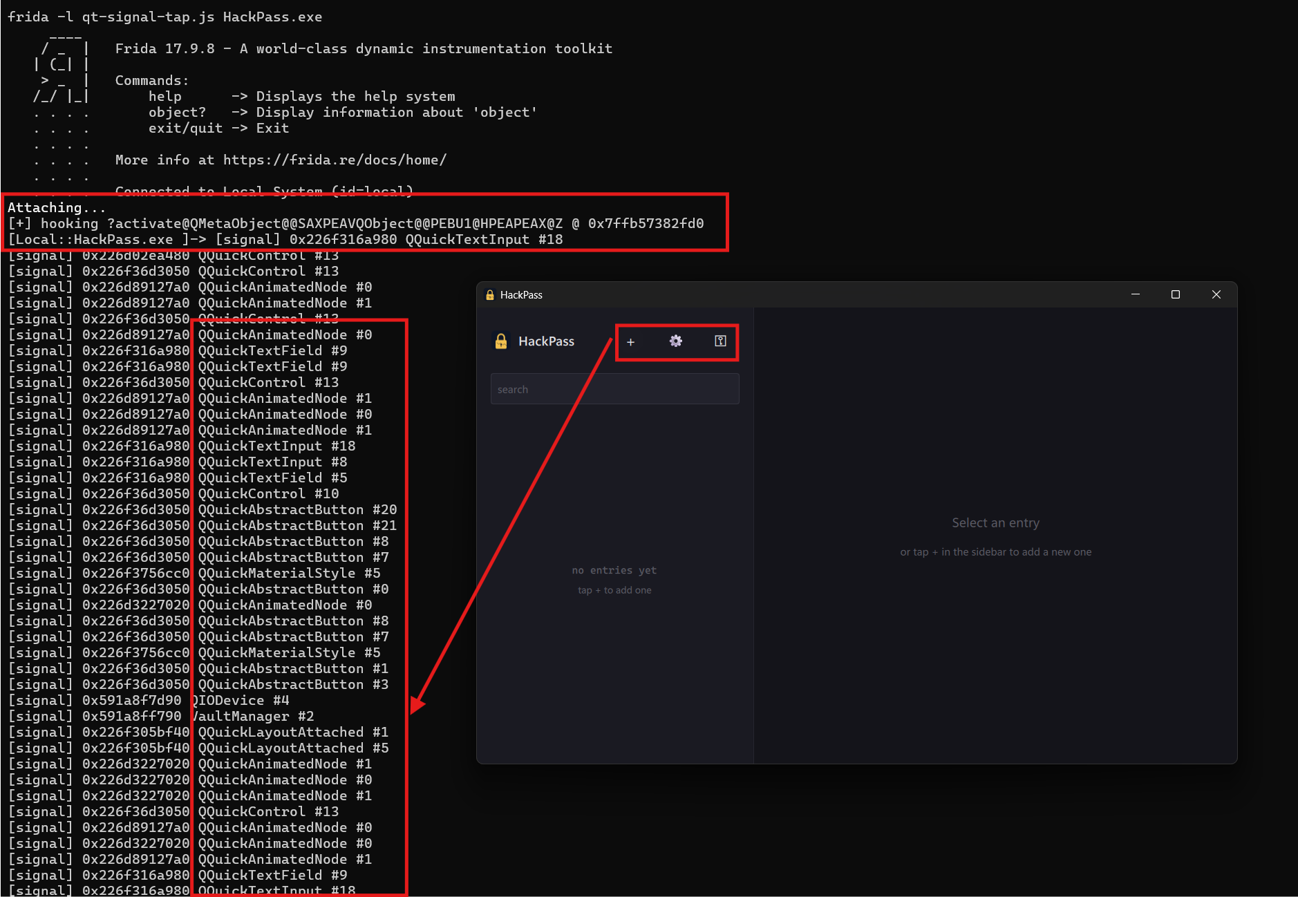 Frida console: signal-tap during unlock + settings toggle