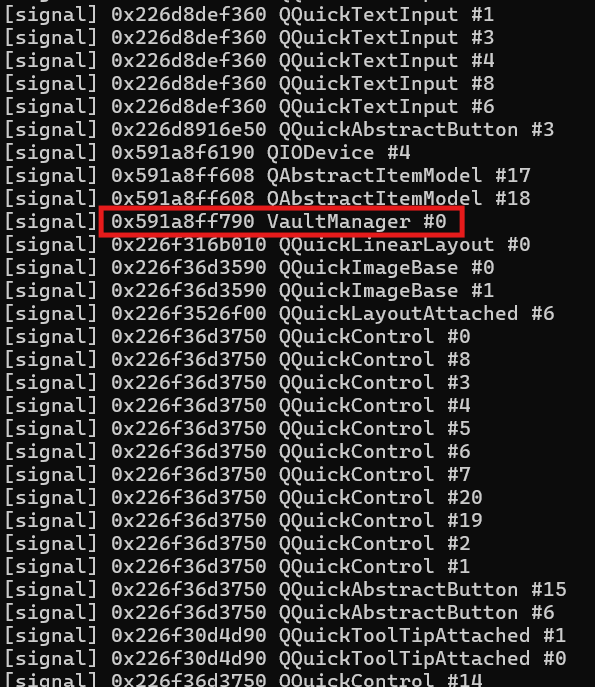 Frida console: signal-tap surfacing VaultManager and PolicyClient addresses