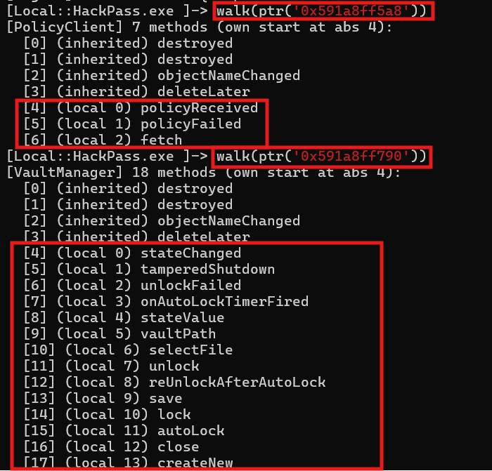 Frida console: metaobject walk of VaultManager and PolicyClient