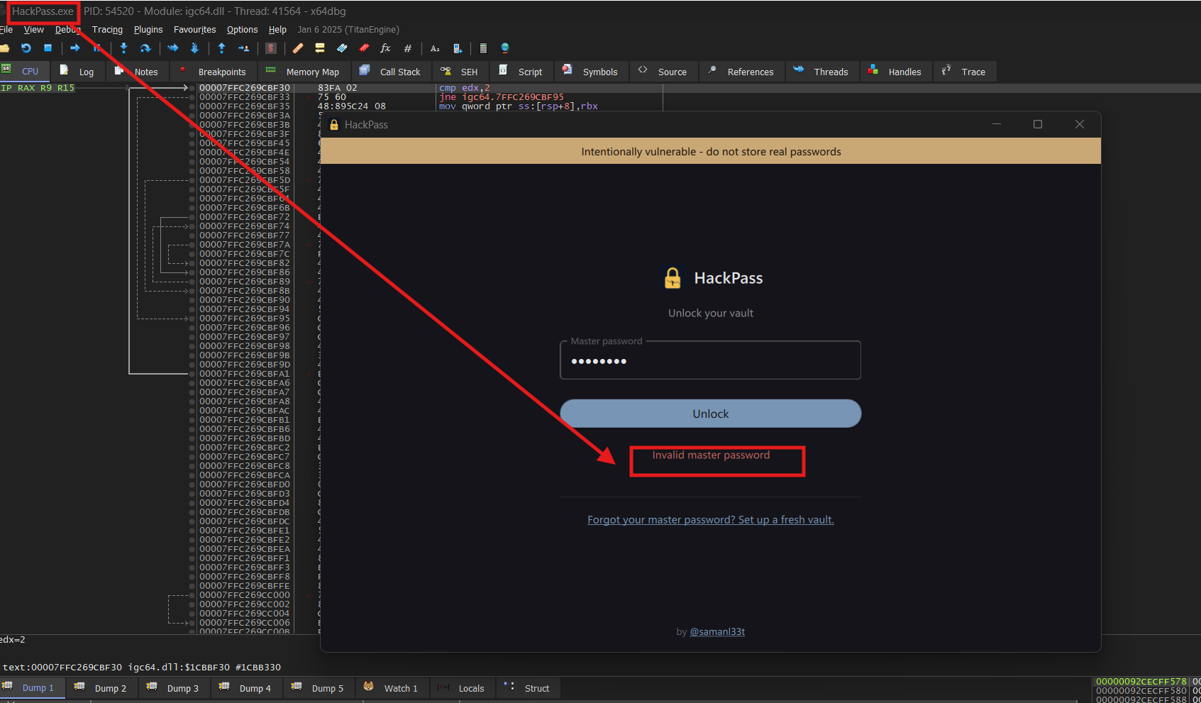 HackPass: vault refuses to unlock with hardening on and a debugger present