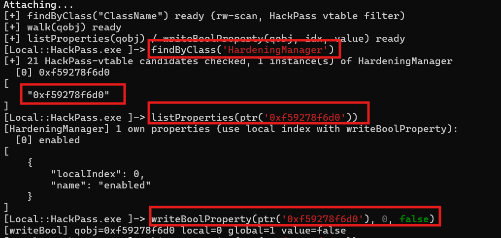 Frida console: writeBoolProperty(hardeningMgr, 0, false) disables HardeningManager via qt_metacall WriteProperty