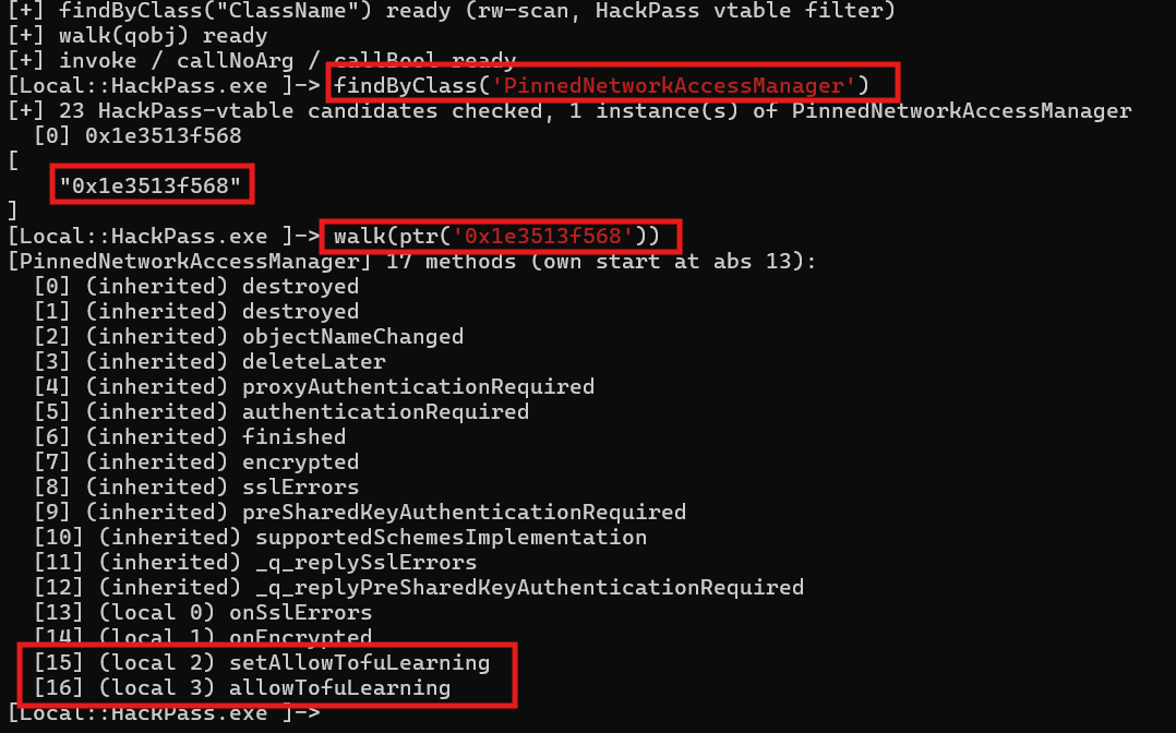 Frida: walk PinnedNetworkAccessManager to find setAllowTofuLearning