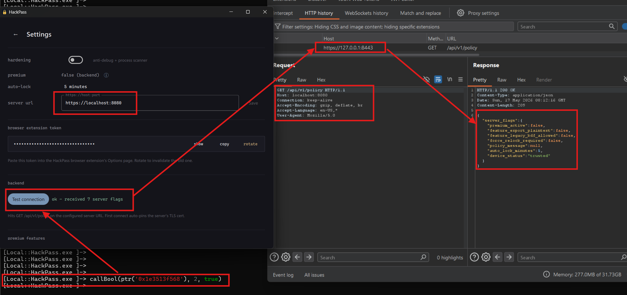 Burp Suite: HackPass backend traffic flowing through the cleared and re-learned pin