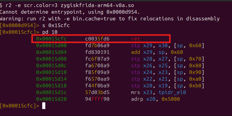 Patched remap routine at 0x15cfc with its first instruction overwritten with ret