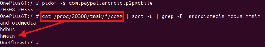The gadget’s renamed threads in /proc//task/*/comm - hmain,androidmedia etc. in place of the Frida defaults